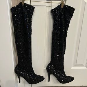 Sequin knee high black boots